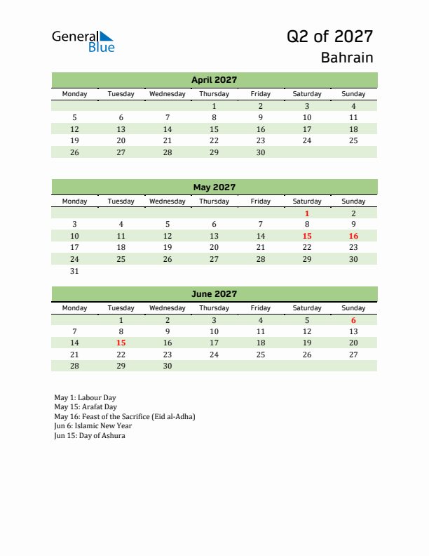 Quarterly Calendar 2027 with Bahrain Holidays