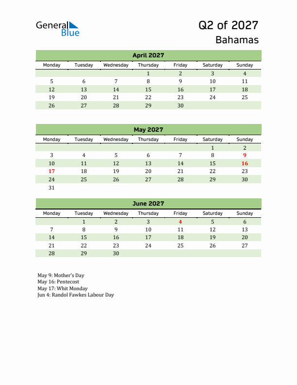 Quarterly Calendar 2027 with Bahamas Holidays