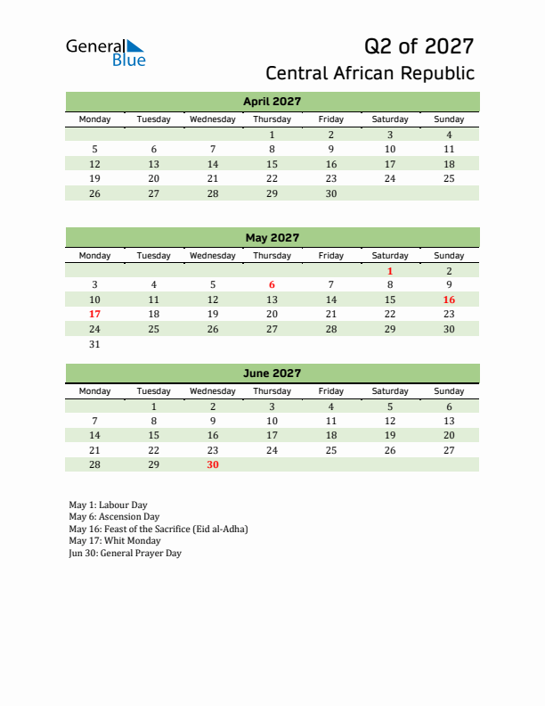 Quarterly Calendar 2027 with Central African Republic Holidays