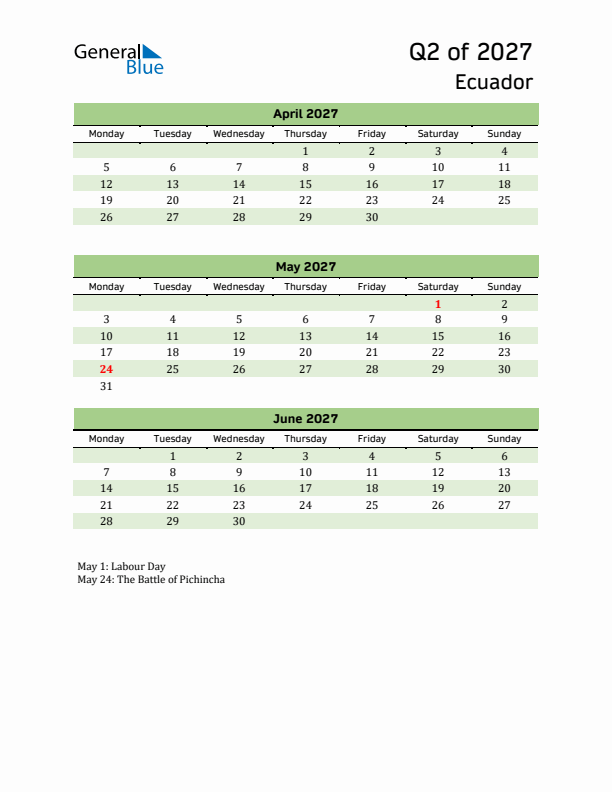 Quarterly Calendar 2027 with Ecuador Holidays