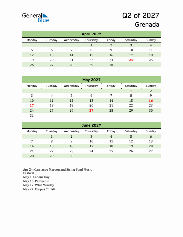 Quarterly Calendar 2027 with Grenada Holidays