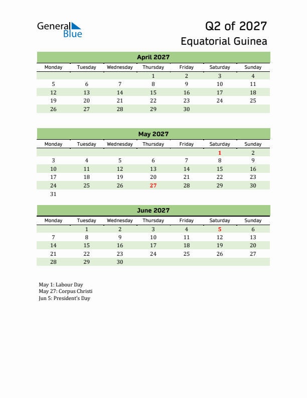 Quarterly Calendar 2027 with Equatorial Guinea Holidays