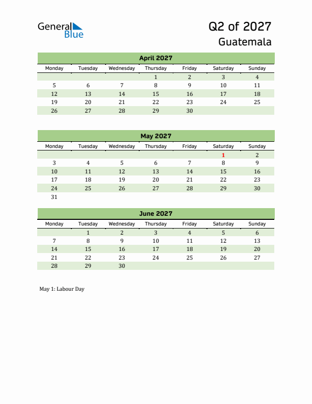Quarterly Calendar 2027 with Guatemala Holidays