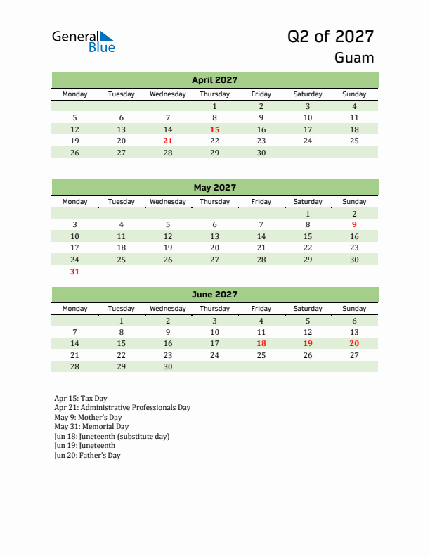 Quarterly Calendar 2027 with Guam Holidays