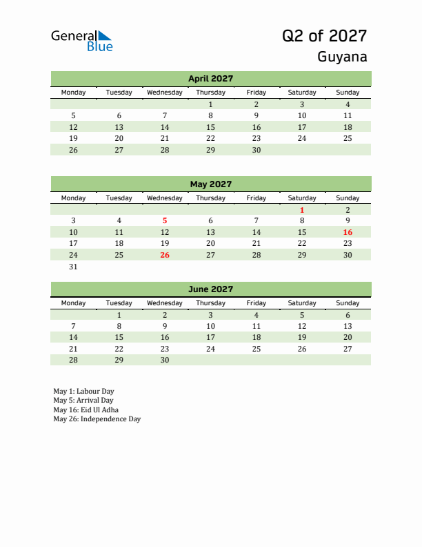 Quarterly Calendar 2027 with Guyana Holidays