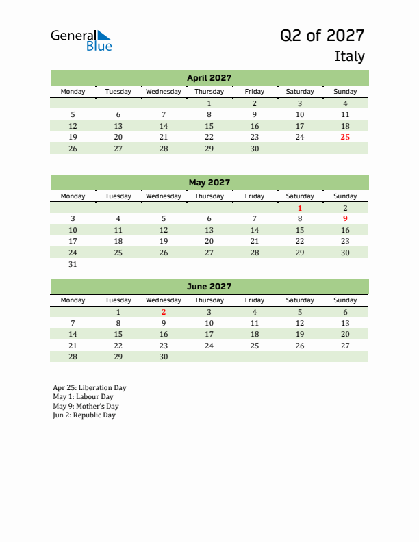 Quarterly Calendar 2027 with Italy Holidays