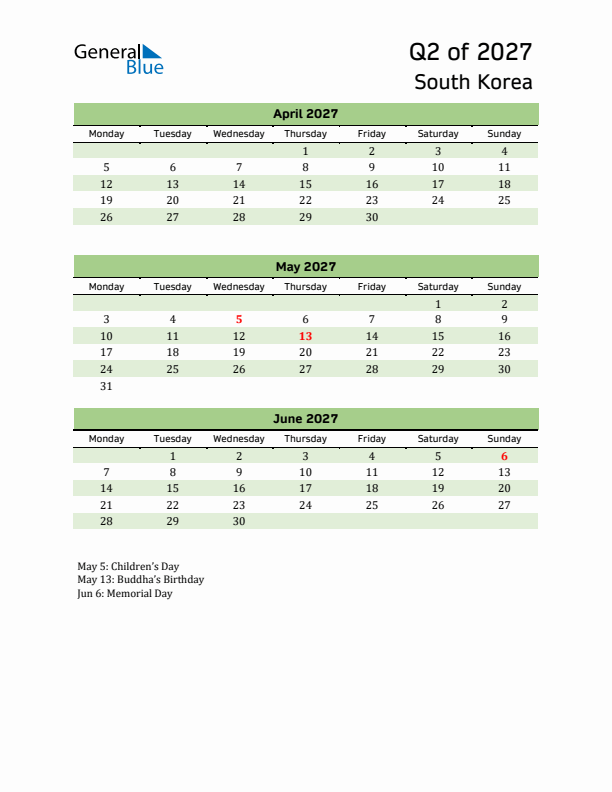 Quarterly Calendar 2027 with South Korea Holidays