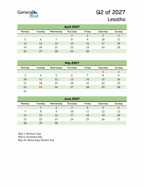 Quarterly Calendar 2027 with Lesotho Holidays