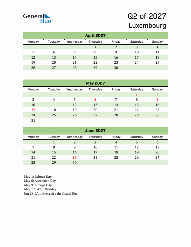 Quarterly Calendar 2027 with Luxembourg Holidays