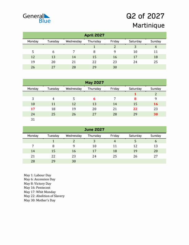 Quarterly Calendar 2027 with Martinique Holidays