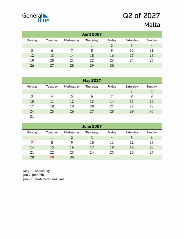 Quarterly Calendar 2027 with Malta Holidays