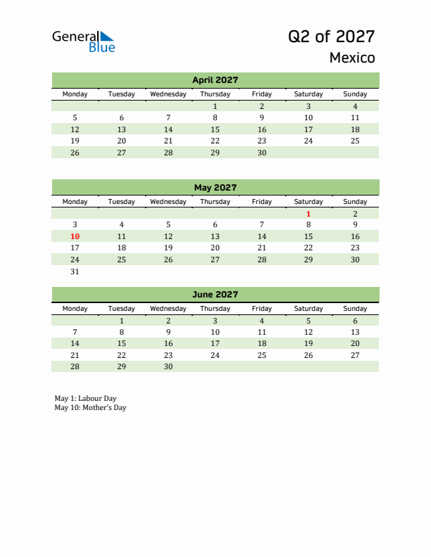 Quarterly Calendar 2027 with Mexico Holidays