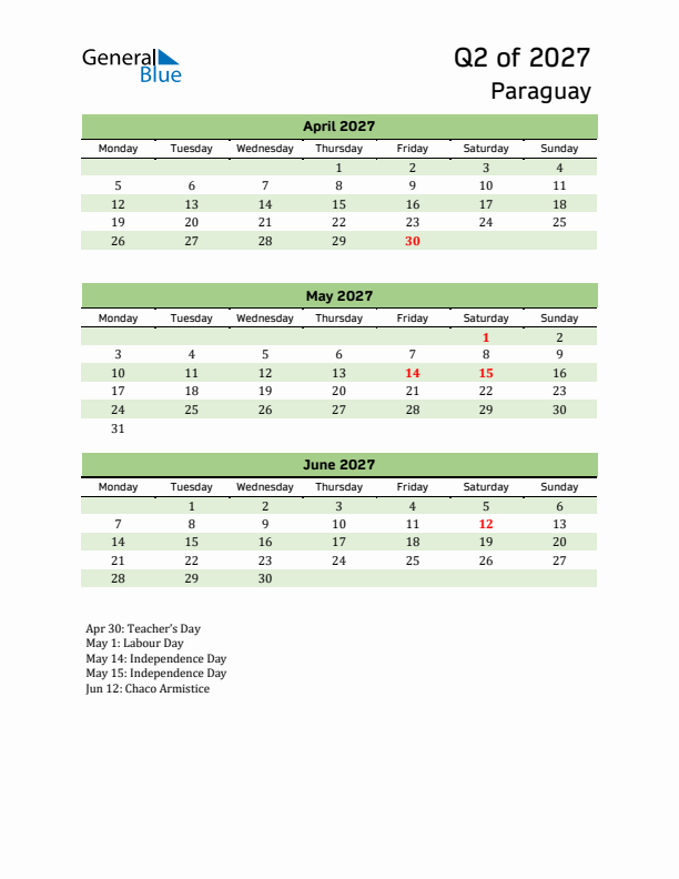 Quarterly Calendar 2027 with Paraguay Holidays