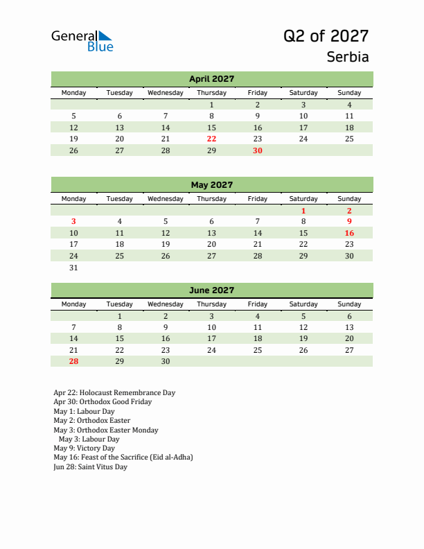 Quarterly Calendar 2027 with Serbia Holidays