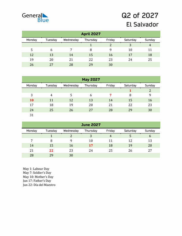 Quarterly Calendar 2027 with El Salvador Holidays