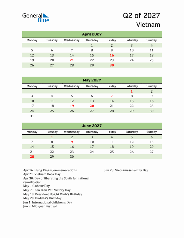 Quarterly Calendar 2027 with Vietnam Holidays