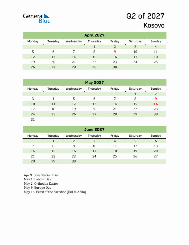 Quarterly Calendar 2027 with Kosovo Holidays