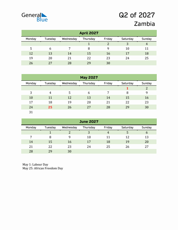 Quarterly Calendar 2027 with Zambia Holidays