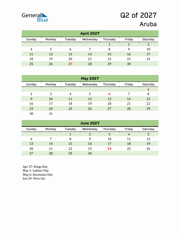 Quarterly Calendar 2027 with Aruba Holidays
