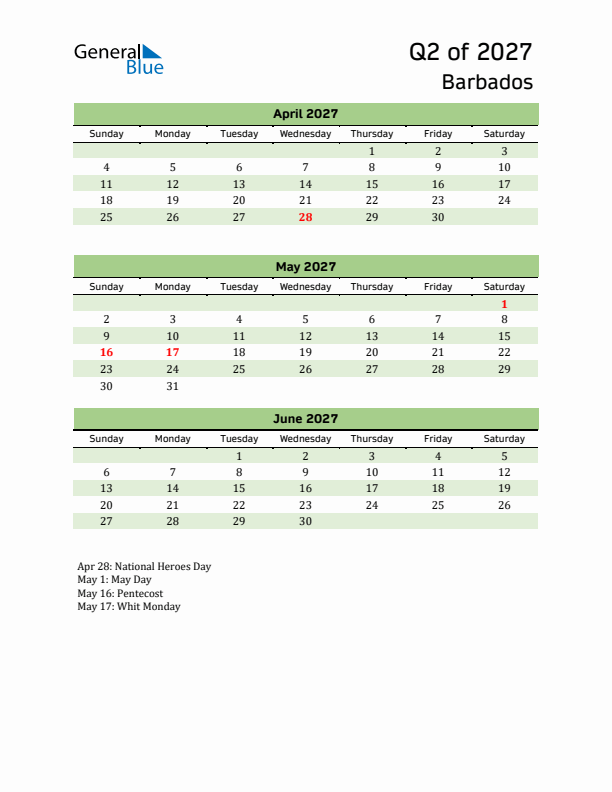 Quarterly Calendar 2027 with Barbados Holidays