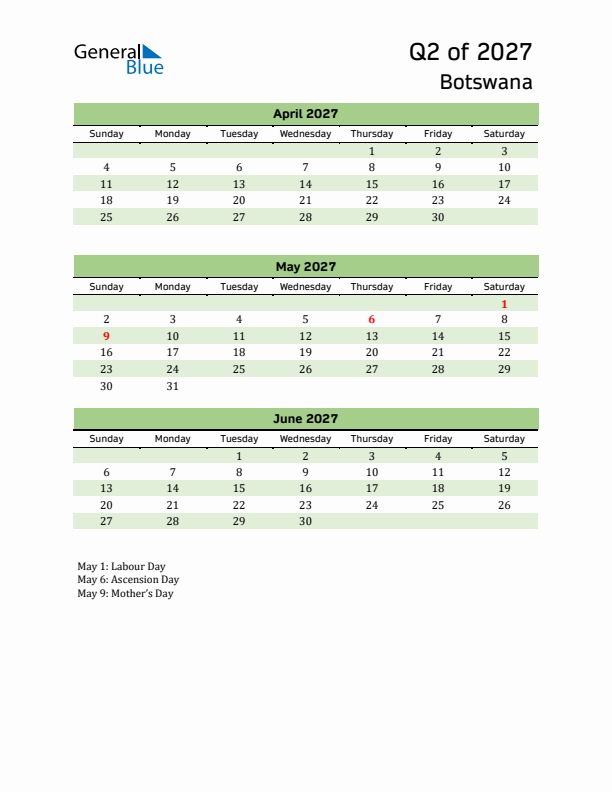 Quarterly Calendar 2027 with Botswana Holidays