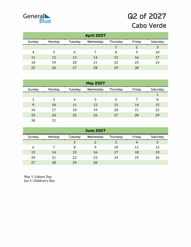 Quarterly Calendar 2027 with Cabo Verde Holidays