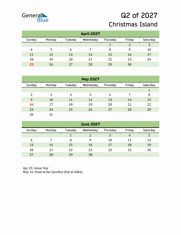 Quarterly Calendar 2027 with Christmas Island Holidays