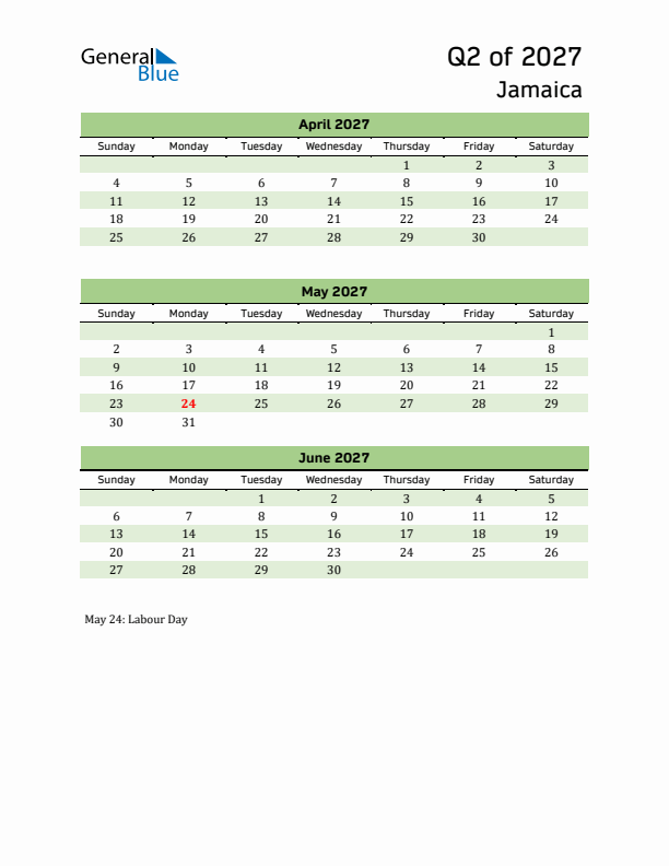 Quarterly Calendar 2027 with Jamaica Holidays