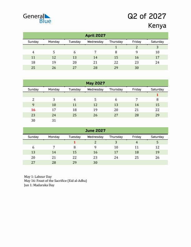 Quarterly Calendar 2027 with Kenya Holidays