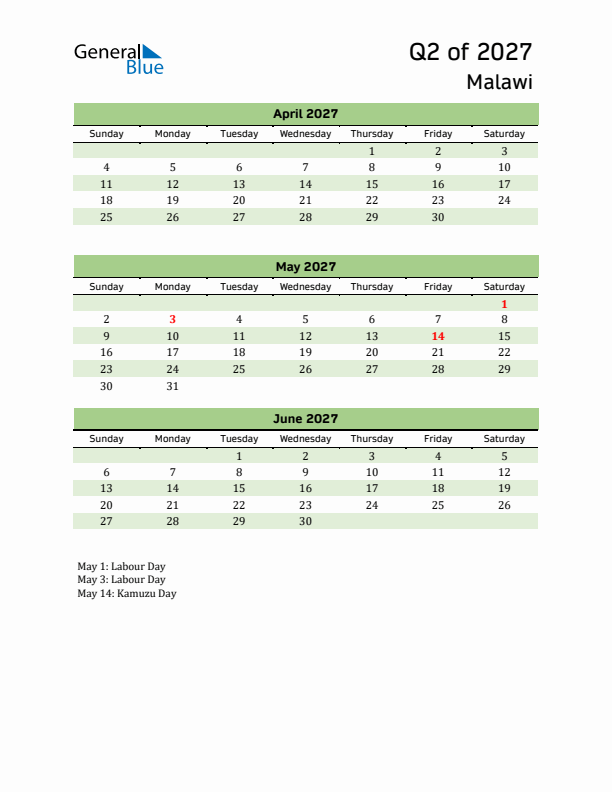 Quarterly Calendar 2027 with Malawi Holidays