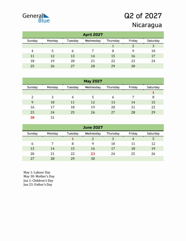 Quarterly Calendar 2027 with Nicaragua Holidays