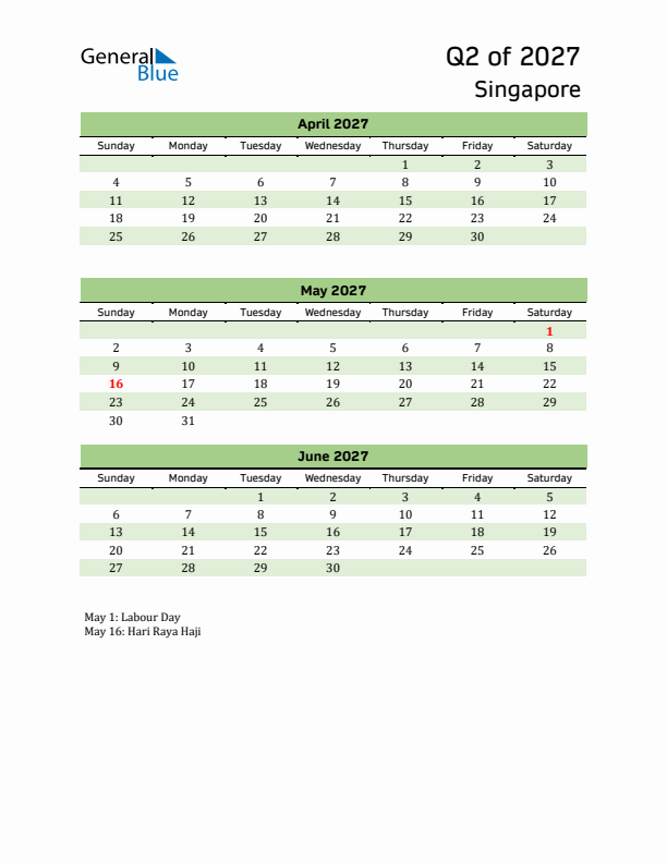 Quarterly Calendar 2027 with Singapore Holidays