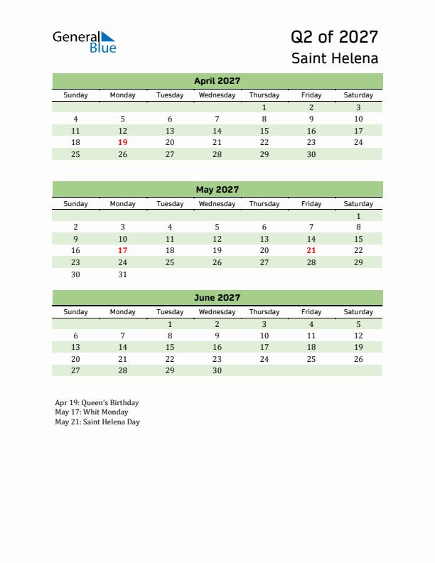 Quarterly Calendar 2027 with Saint Helena Holidays