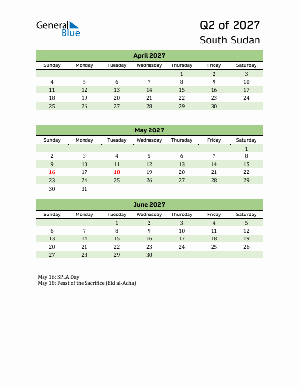 Quarterly Calendar 2027 with South Sudan Holidays