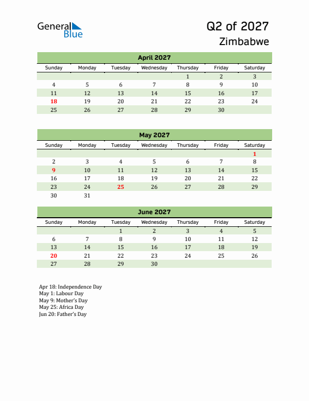 Quarterly Calendar 2027 with Zimbabwe Holidays