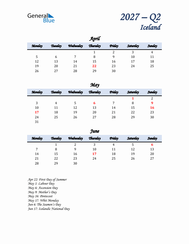 April, May, and June Calendar for Iceland with Monday Start