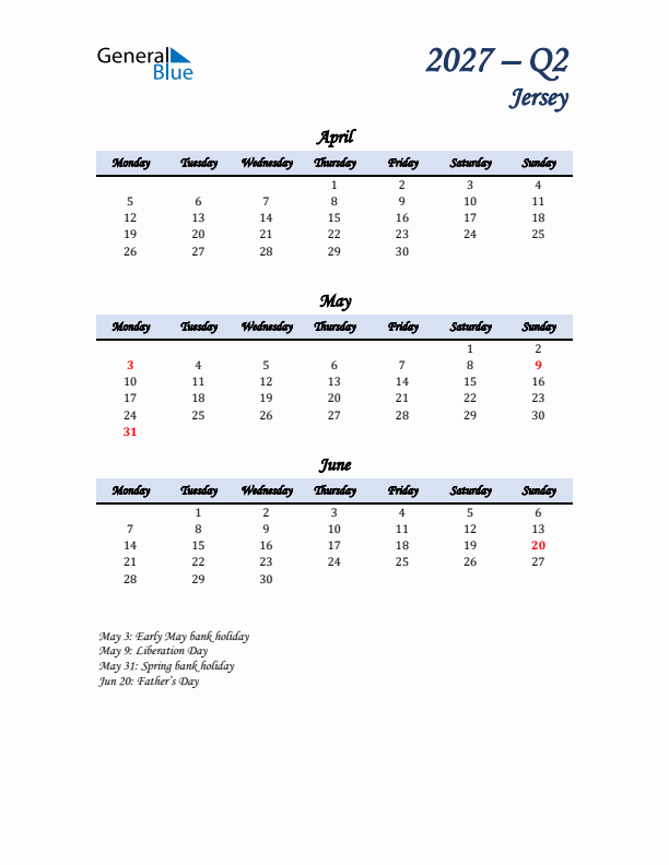 April, May, and June Calendar for Jersey with Monday Start