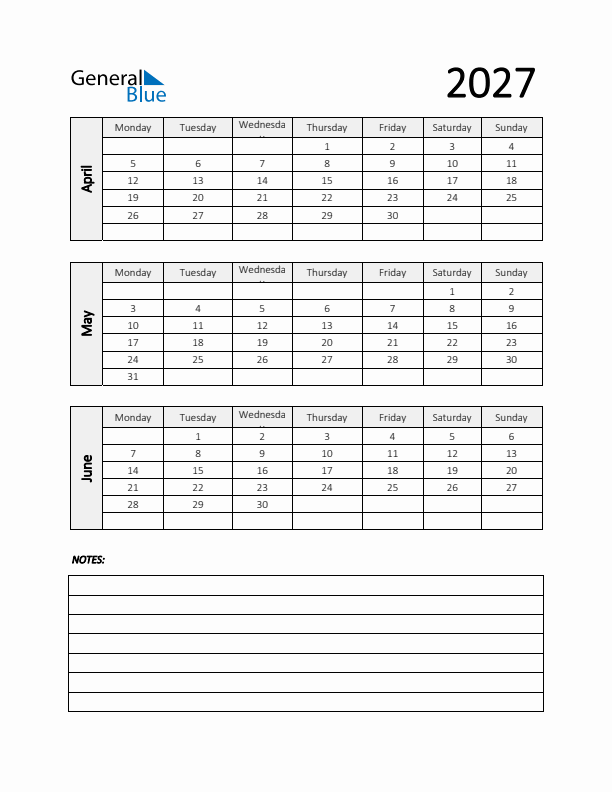 Q2 2027 Calendar with Notes