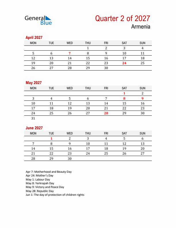 Printable Three Month Calendar with Armenia Holidays