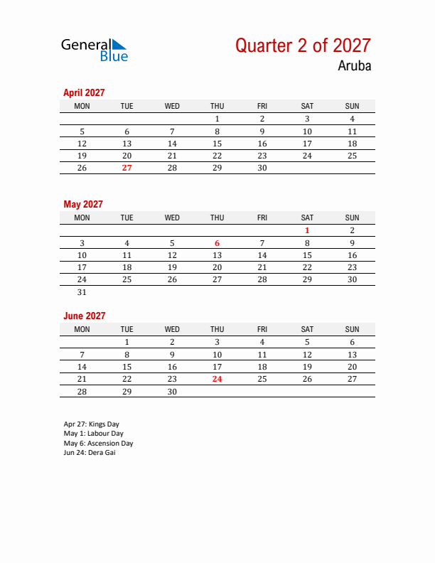 Printable Three Month Calendar with Aruba Holidays