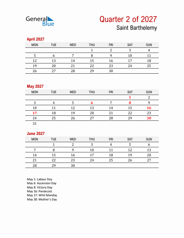 Printable Three Month Calendar with Saint Barthelemy Holidays