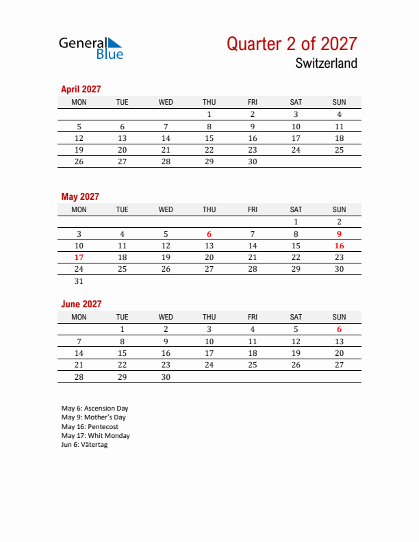 Printable Three Month Calendar with Switzerland Holidays