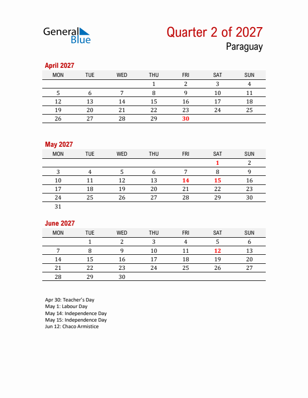 Printable Three Month Calendar with Paraguay Holidays