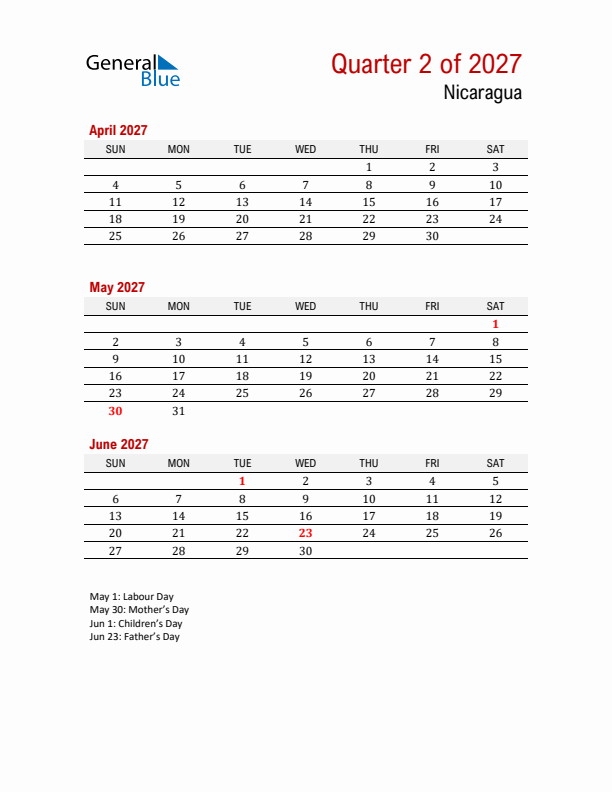 Printable Three Month Calendar with Nicaragua Holidays