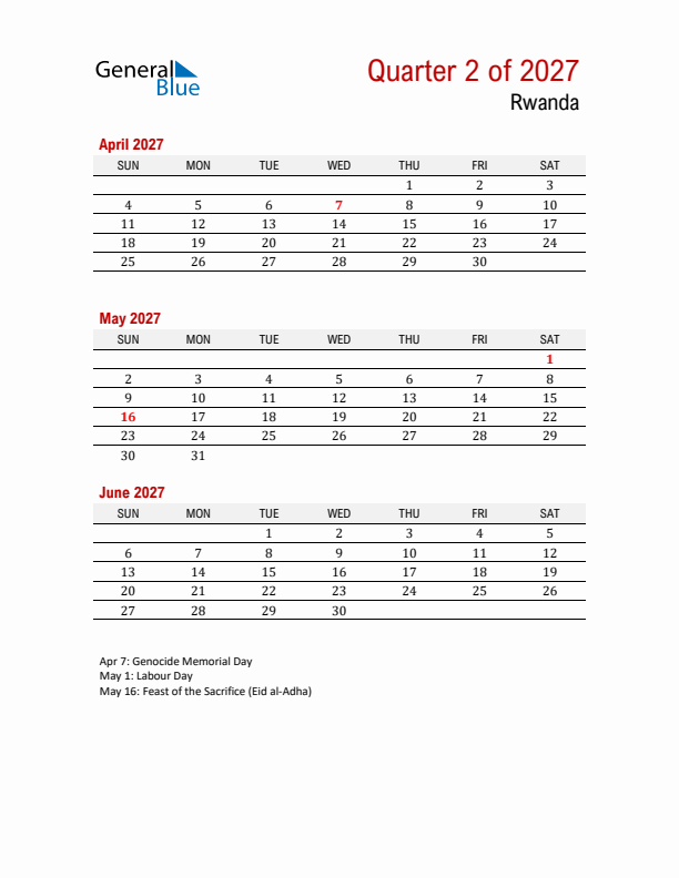 Printable Three Month Calendar with Rwanda Holidays