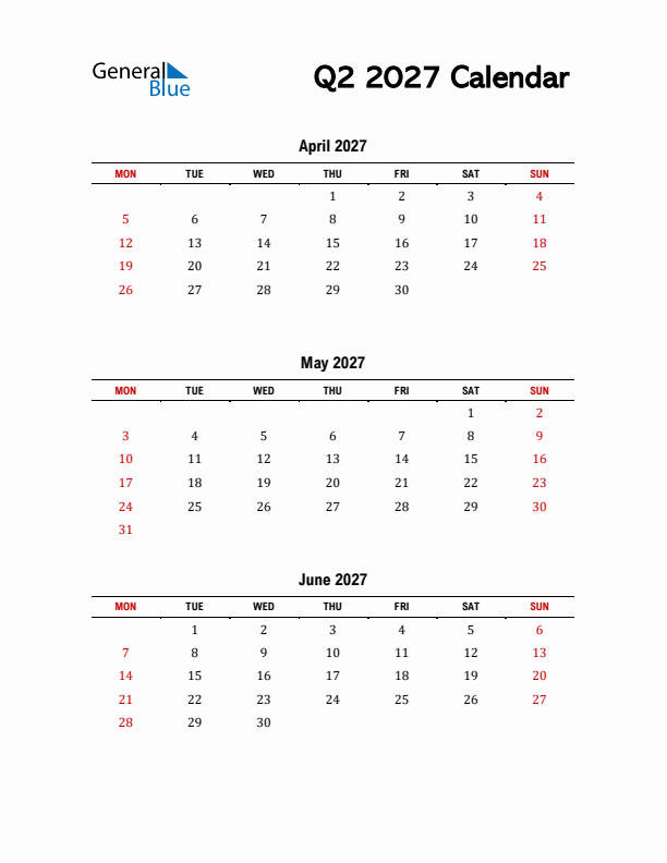 2027 Q2 Calendar with Red Weekend
