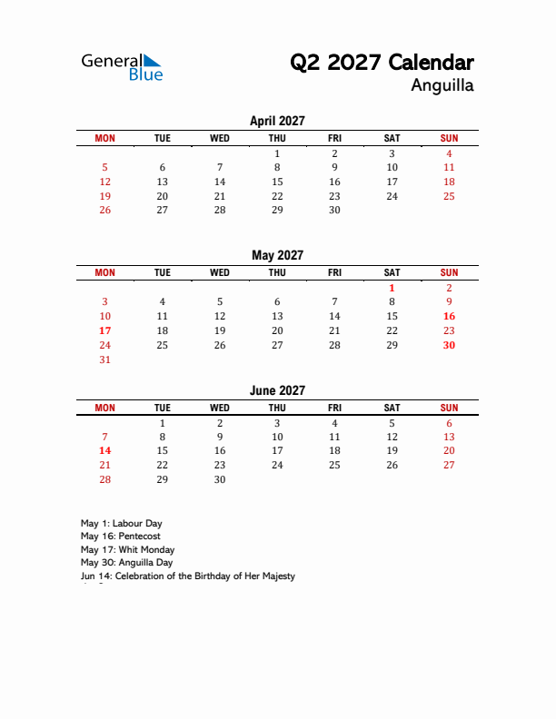 2027 Q2 Calendar with Holidays List for Anguilla