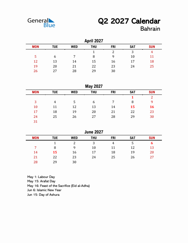 2027 Q2 Calendar with Holidays List for Bahrain