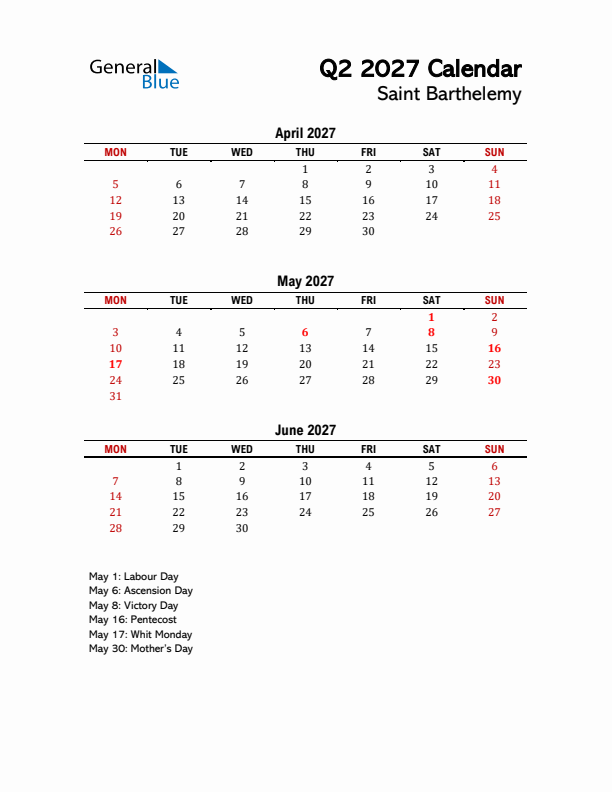 2027 Q2 Calendar with Holidays List for Saint Barthelemy
