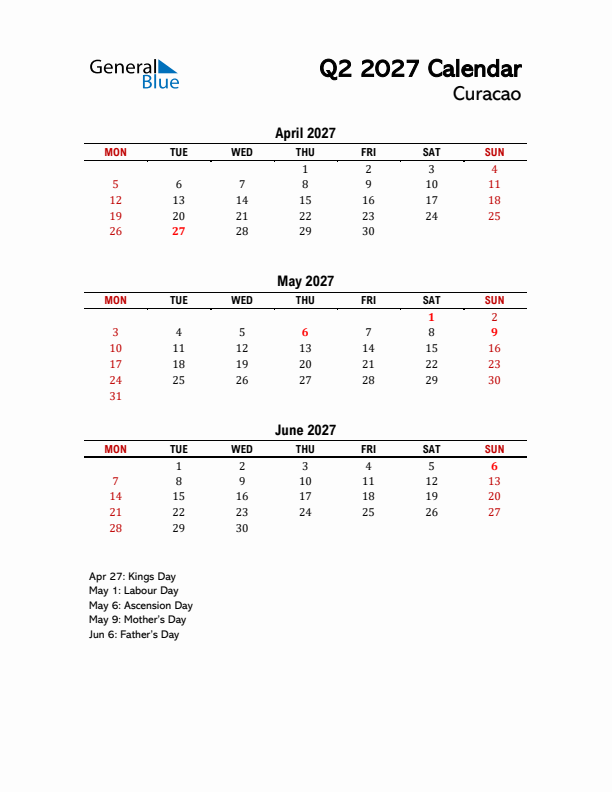 2027 Q2 Calendar with Holidays List for Curacao
